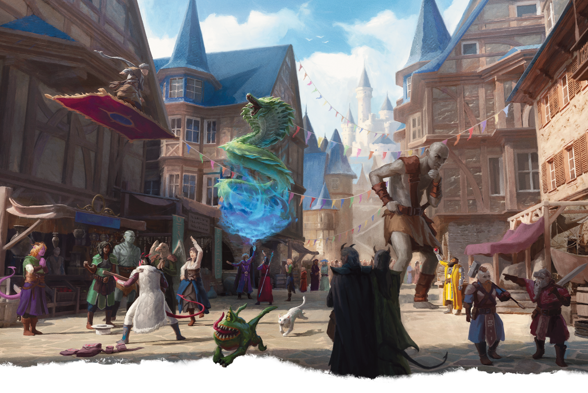 A bustling city street full of whimsical creatures